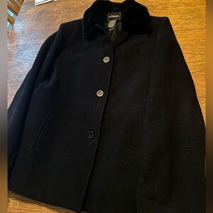 Outbrook Womens Large Black Wool Pea Coat with Faux Fur Collar